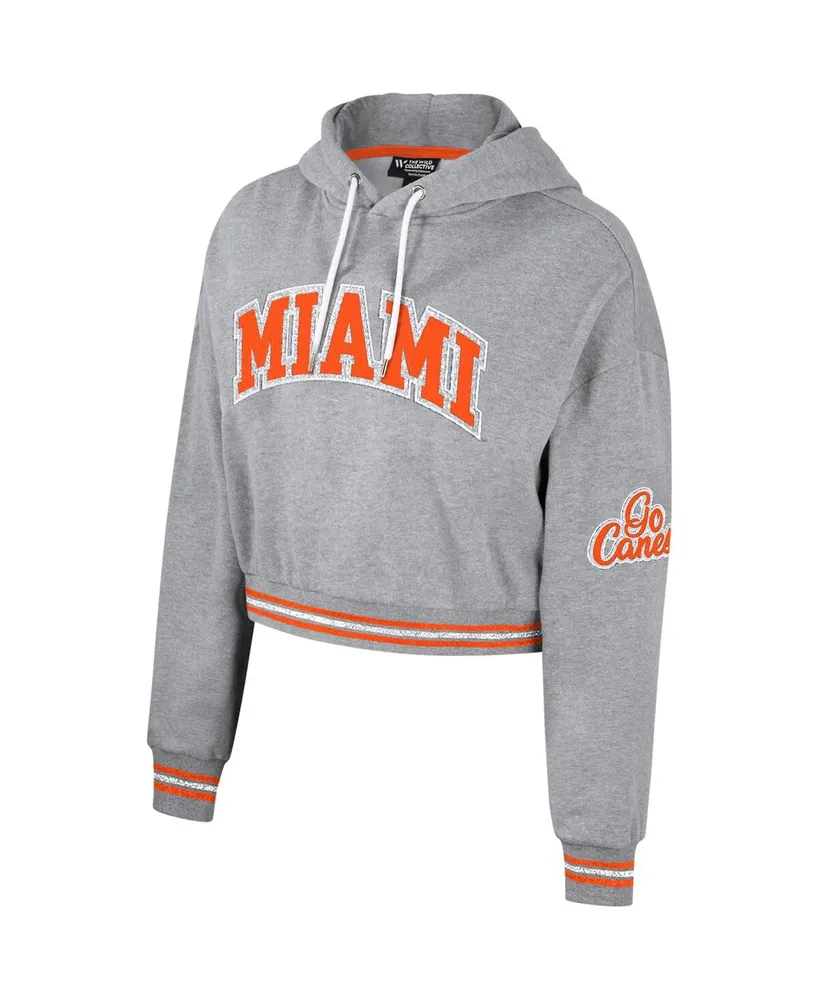 Women's The Wild Collective Heather Gray Distressed Miami Hurricanes Cropped Shimmer Pullover Hoodie