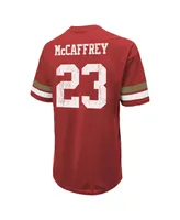 Men's Majestic Threads Christian McCaffrey Scarlet Distressed San Francisco 49ers Name and Number Oversize Fit T-shirt