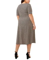 Msk Plus Size Printed V-Neck Elbow-Sleeve Midi Dress