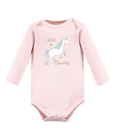 Hudson Baby Girls Cotton Long-Sleeve Bodysuits, Glitter Unicorn, 3-Pack