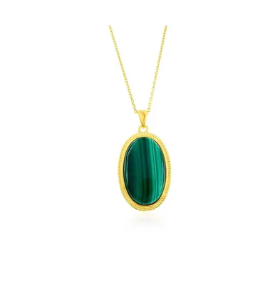 Sterling Silver or Gold plated over Oval Malachite Beaded Border Pendant Necklace