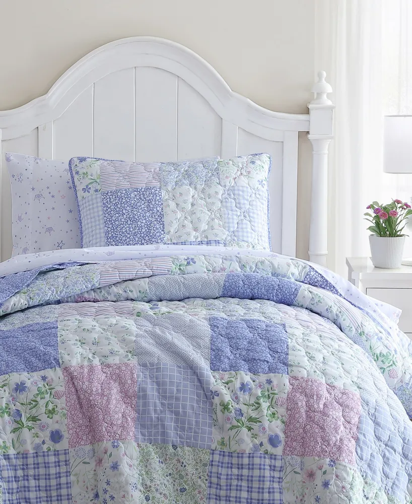 Laura Ashley Kenna Blue Floral 100% Cotton Reversible Quilt Set