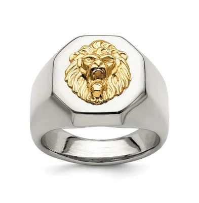 Chisel Stainless Steel with 14k Gold Accent Polished Lion Head Ring