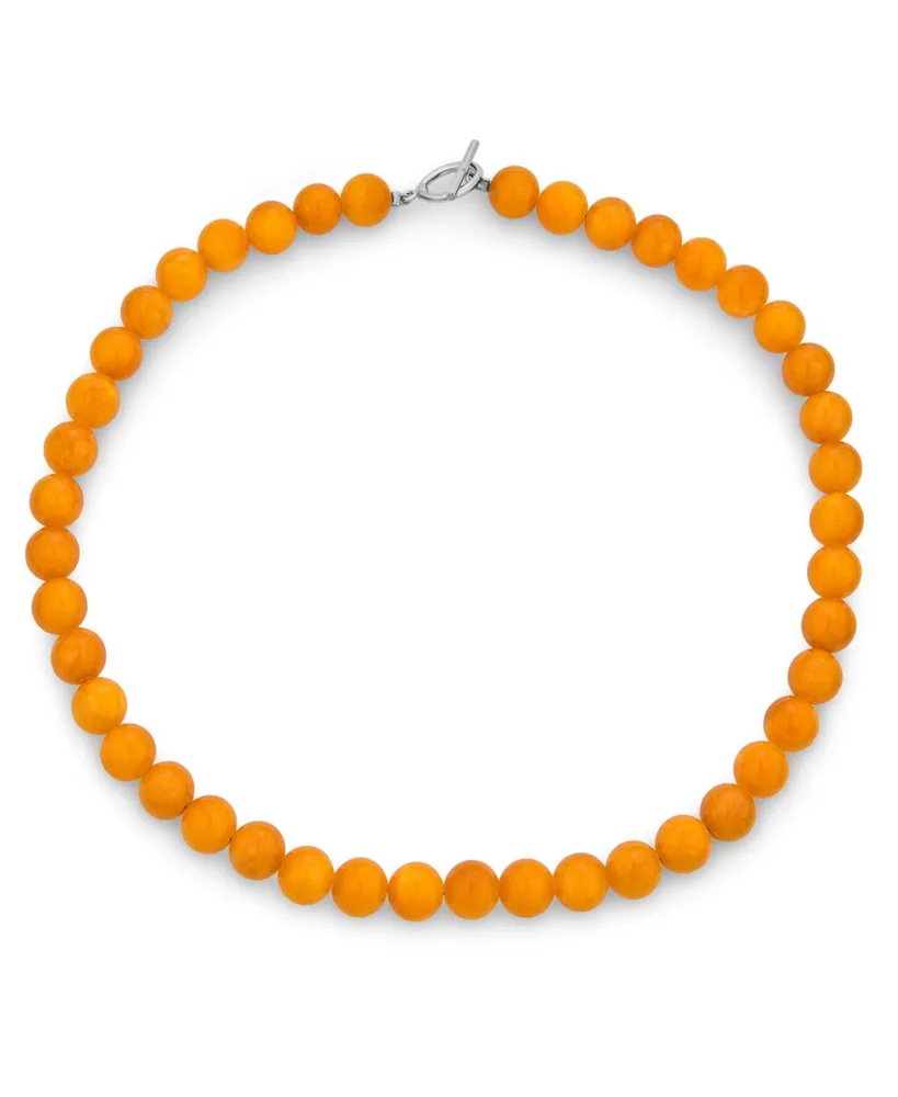 Bling Jewelry Plain Simple Smooth Classic Yellow Orange Created Synthetic Jade Round 10MM Bead Strand Necklace Silver Plated Toggle Clasp Inch