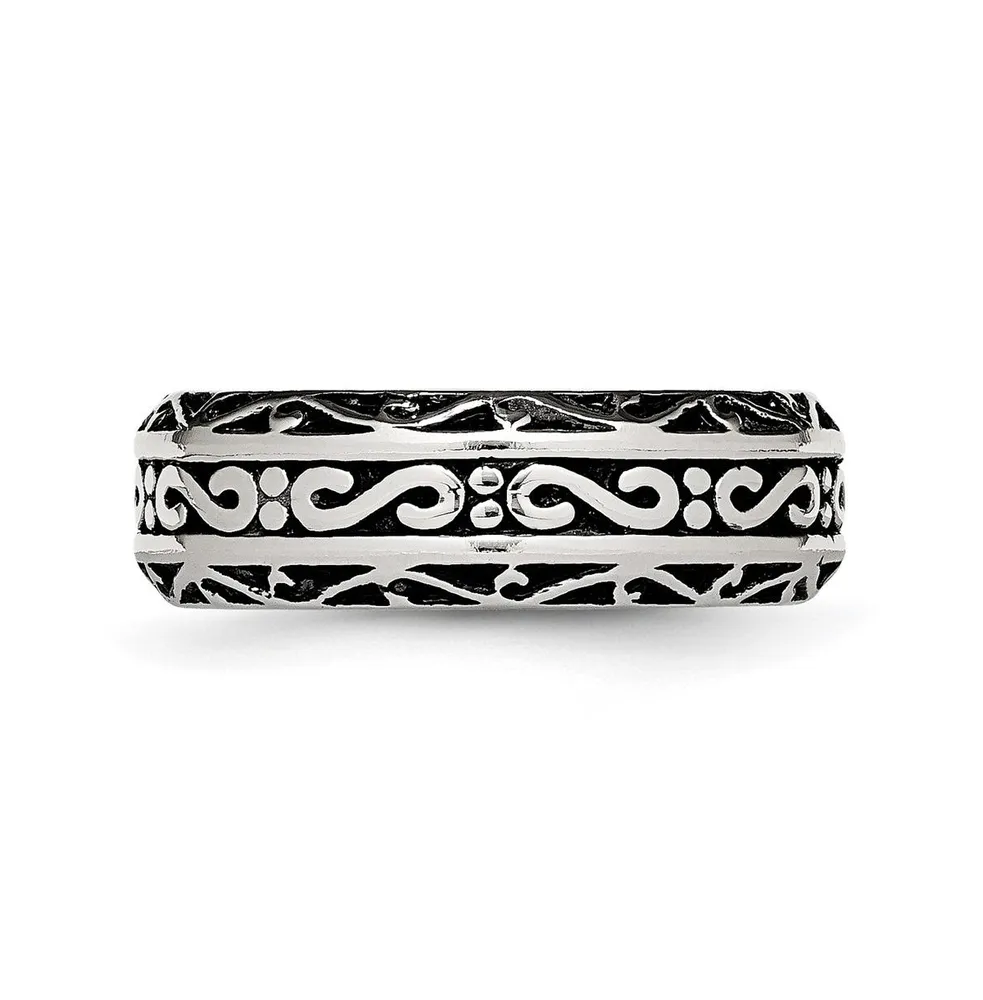Chisel Stainless Steel Antiqued Polished Swirl Design 7mm Band Ring