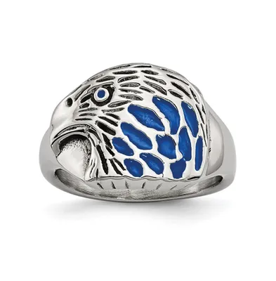 Chisel Stainless Steel Polished and Textured Blue Enamel Eagle Ring