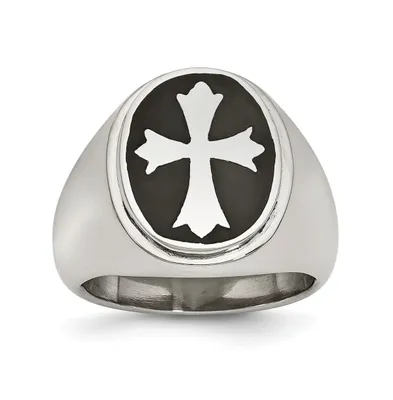 Chisel Stainless Steel Polished Black Enameled Cross Ring