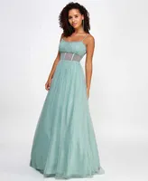 Say Yes Juniors' Rhinestone-Embellished Mesh-Waist Gown, Created for Macy's