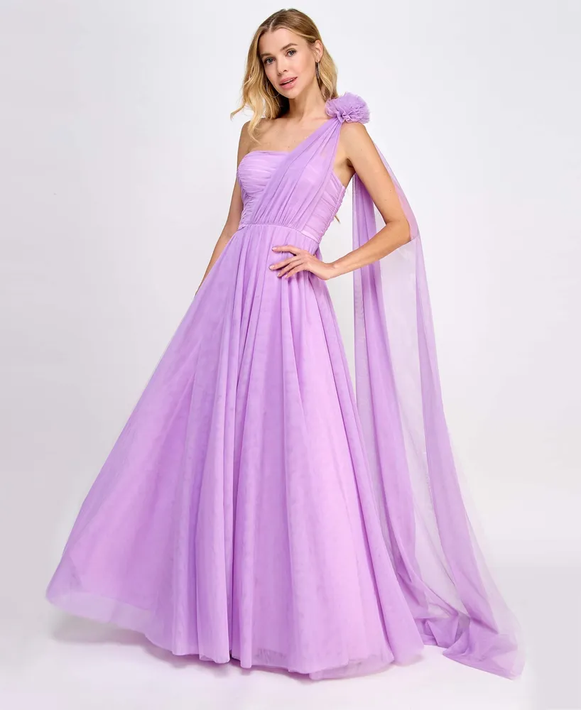 City Studios Juniors' Rosette One-Shoulder Ruched-Bodice Flyaway Gown, Created for Macy's