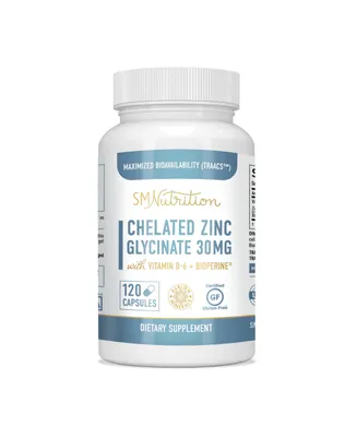 Chelated Zinc Supplements - Zinc Glycinate 30 mg (120 Capsules) Highly-Absorbable Traacs Chelated Zinc Bisglycinate, Vitamin B6 & BioPerine