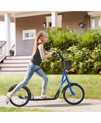 Aosom Youth Scooter, Kick Scooter with Adjustable Handlebars, Double Brakes, 16" Inflatable Rubber Tires, Basket, Cupholder, Blue
