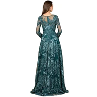 Women's Long Sleeve, Illusion Neck Gown