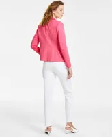 Jones New York Womens Open Front Blazer Striped Contrast Trim Button Front Cotton Top Lexington Mid Rise Straight Leg Jeans