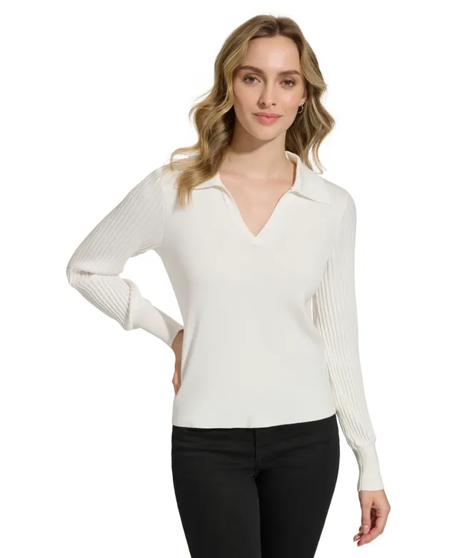 Calvin Klein Women's Collared V-Neck Ribbed-Sleeve Sweater