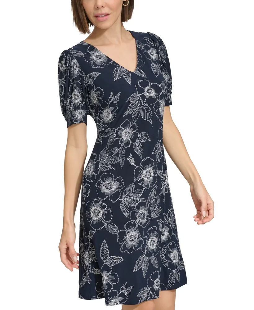 Tommy Hilfiger Women's V-Neck Puff-Sleeve Floral Shift Dress