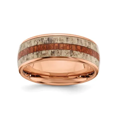 Chisel Stainless Steel Rose Ip-plated Wood Antler Inlay 8mm Band Ring