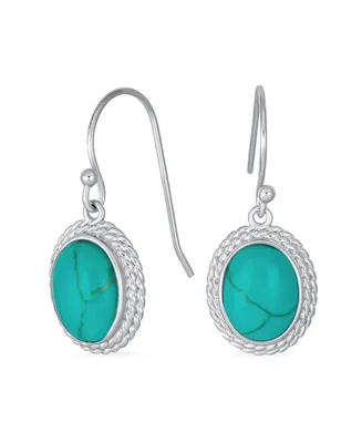 Western Style Blue Turquoise Milgrain Cable Edge Oval Gemstone Drop Earrings For Women .925 Sterling Silver Wire Fish Hook