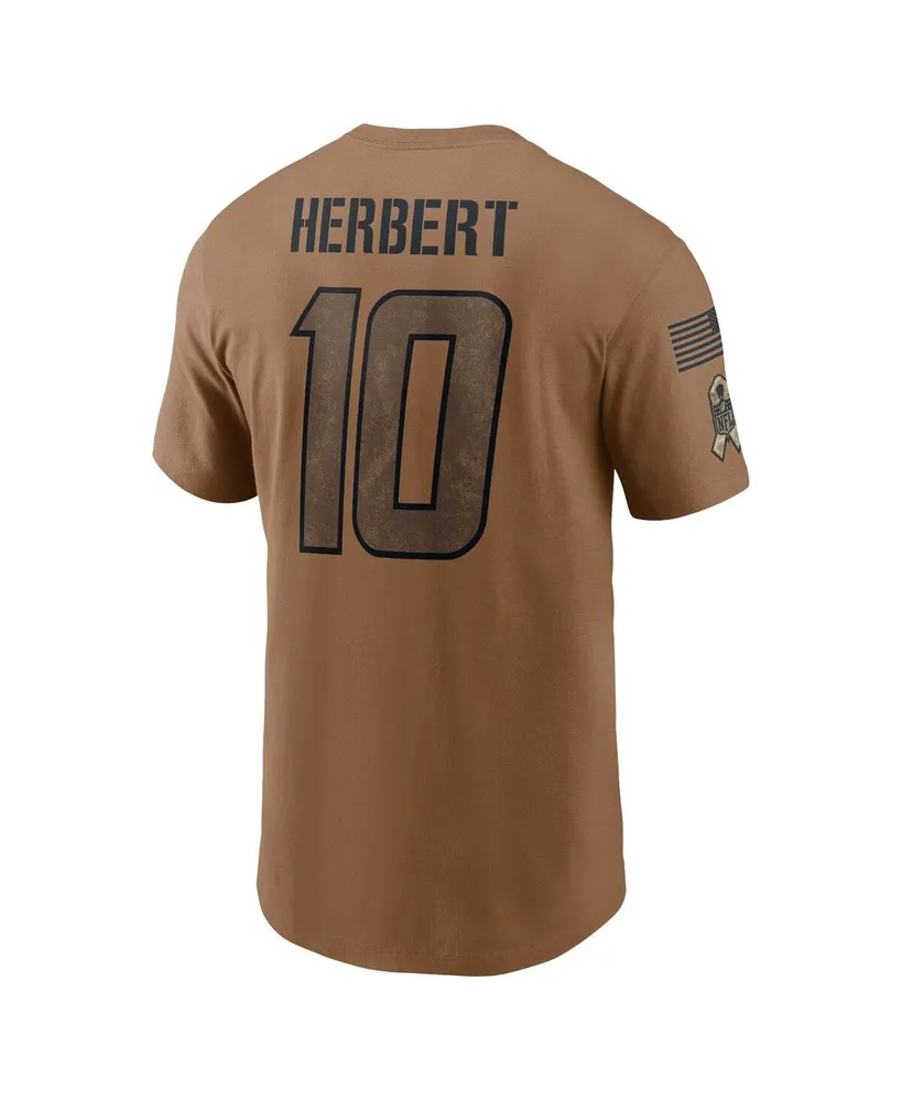 Men's Nike Justin Herbert Brown Distressed Los Angeles Chargers 2023 Salute To Service Name and Number T-shirt