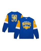 Men's Mitchell & Ness Royal Distressed Golden State Warriors Hardwood Classics Vintage-Like All Over 3.0 Pullover Sweatshirt