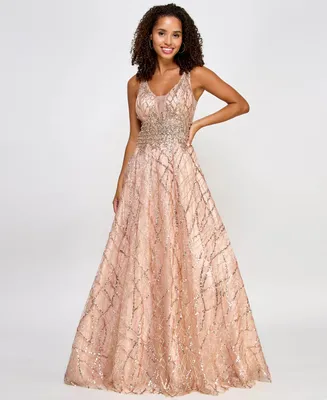 City Studios Juniors' Glitter-Lace Embellished-Waist Plunge-Back Gown