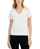 T Tahari Women's Embroidered-Shoulder Short Sleeve V Neck Sweater