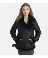 Women's Shearling Belted Biker Jacket, Silky Black with Wool