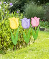 Glitzhome 24" H Easter Metal Tulips Yard Stake, Set of 3