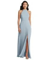 Womens Stand Collar Halter Maxi Dress with Criss Cross Open-Back