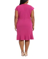London Times Plus Short-Sleeve V-Neck Faux-Wrap Dress
