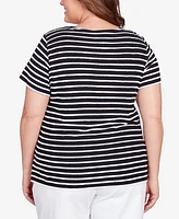 Alfred Dunner Plus Classic Neutrals Lace Neck Striped Split Hem T-shirt