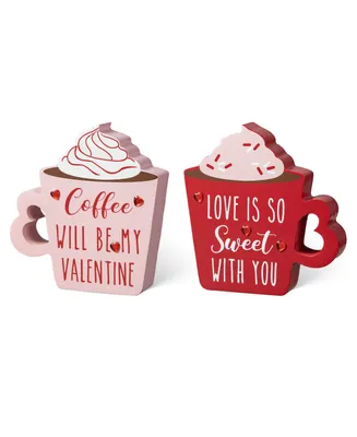 Glitzhome Wooden Valentine's Coffee Cup Table Decor, Set of 2