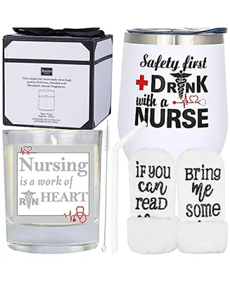 Nurse Gifts with Nurse Tumbler or Coffee Mug with Straw and Cleaning Brush includes Scented Soy Candle in a Jar and Nurse Socks