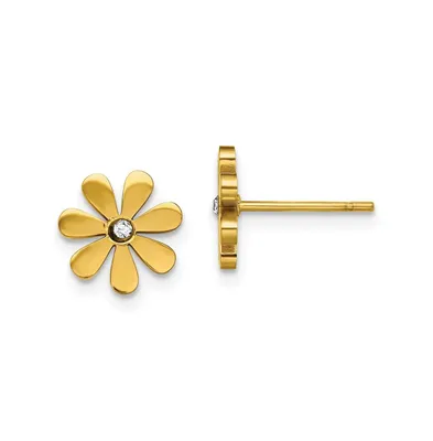 Chisel Stainless Steel Polished Yellow plated Crystal Flower Earrings