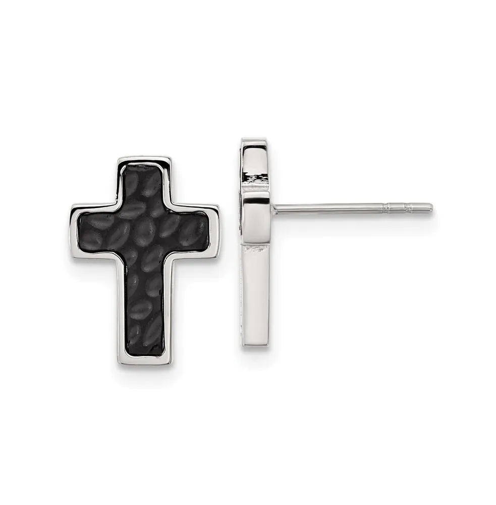 Chisel Stainless Steel Brushed Textured Black plated Cross Earrings