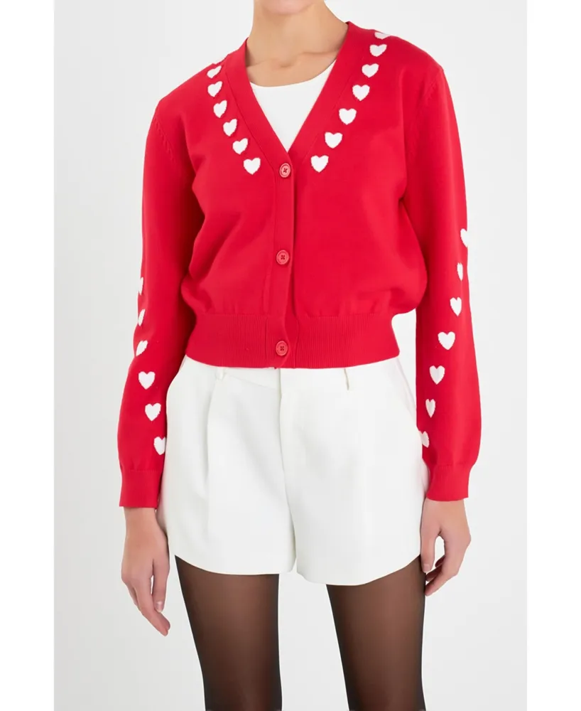 English Factory Women's Heart Contrast Knit Cardigan