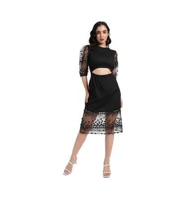 Campus Sutra Women's Black Self-Design Dress With Cutout Detail