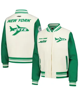 Women's Pro Standard Cream Distressed New York Jets Retro Classic Vintage-Like Full-Zip Varsity Jacket