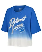 Women's Majestic Threads Aidan Hutchinson Blue, White Distressed Detroit Lions Dip-Dye Player Name and Number Crop Top