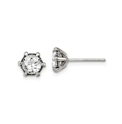 Chisel Stainless Steel Antiqued and Polished Cz Earrings
