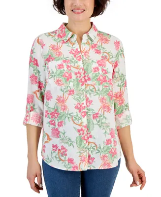 Charter Club Petite 100% Linen Foliage Printed Button Front Top, Created for Macy's