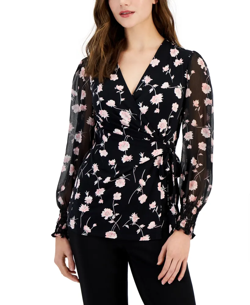 Anne Klein Petite Floral-Print Wrap Blouse