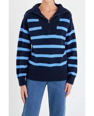 English Factory Women's Striped Knit Zip Pullover Sweater