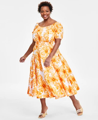 I.n.c. International Concepts Plus Floral-Print Smocked Midi Dress, Created for Macy's