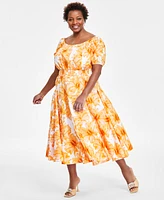 I.n.c. International Concepts Plus Size Floral-Print Smocked Midi Dress, Created for Macy's