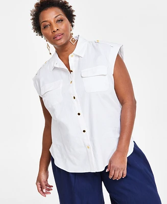 I.n.c. International Concepts Plus Linen-Blend Sleeveless Utility Shirt, Created for Macy's