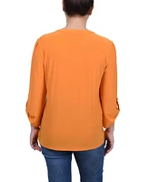 Ny Collection Women's Long Sleeve Pintuck Front Top with Chain Details