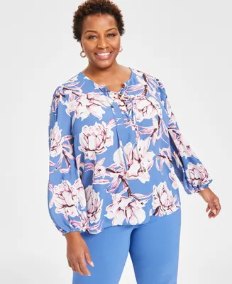 I.n.c. International Concepts Plus Printed Lace-Up Top, Created for Macy's