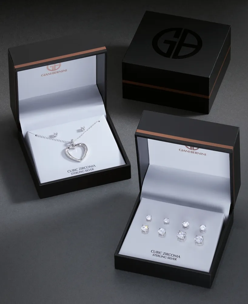Giani Bernini 2-Pc. Set Cubic Zirconia Open Heart Pendant Necklace & Solitaire Stud Earrings in Sterling Silver, Created for Macy's