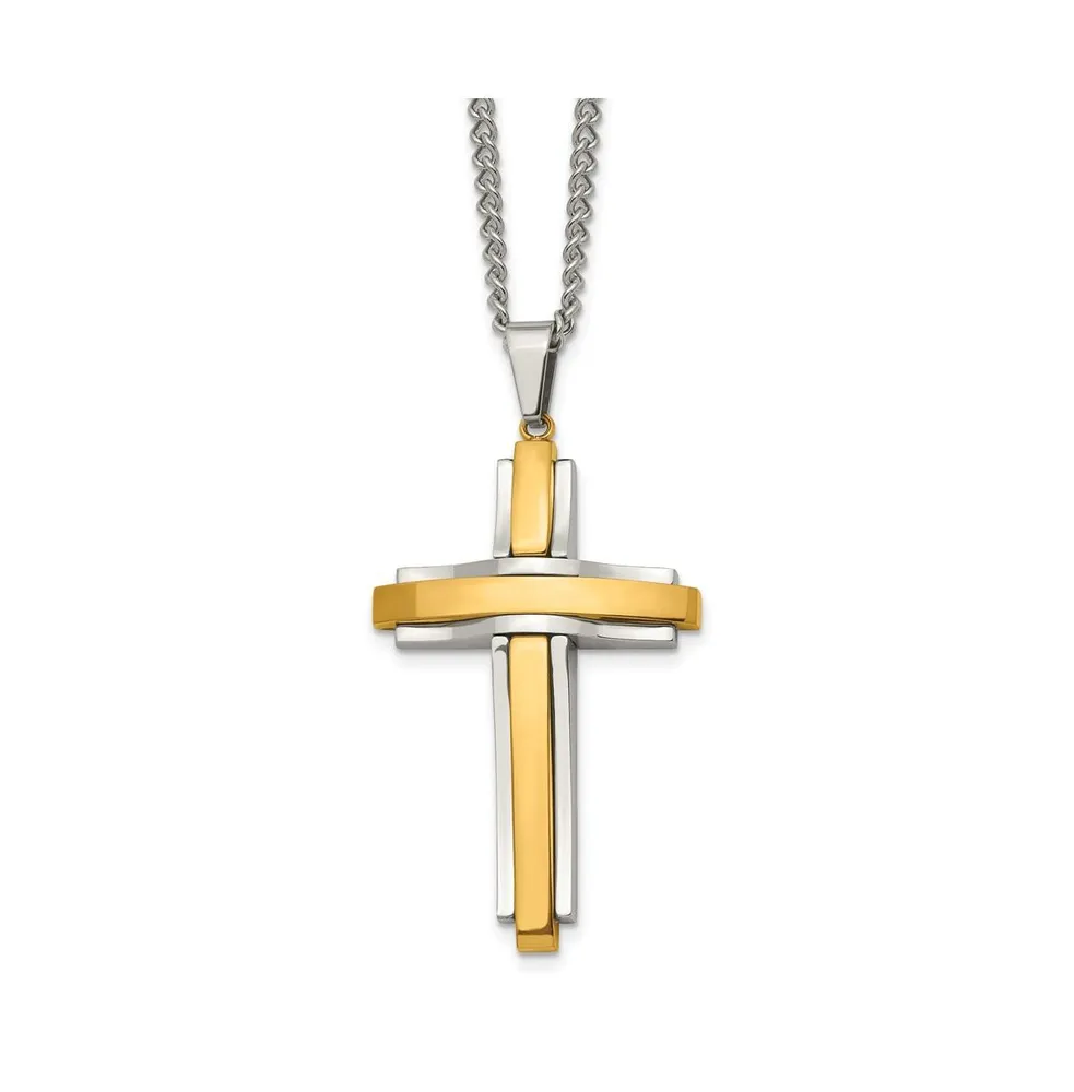 Chisel Polished Yellow Ip-plated Cross Pendant Curb Chain Necklace