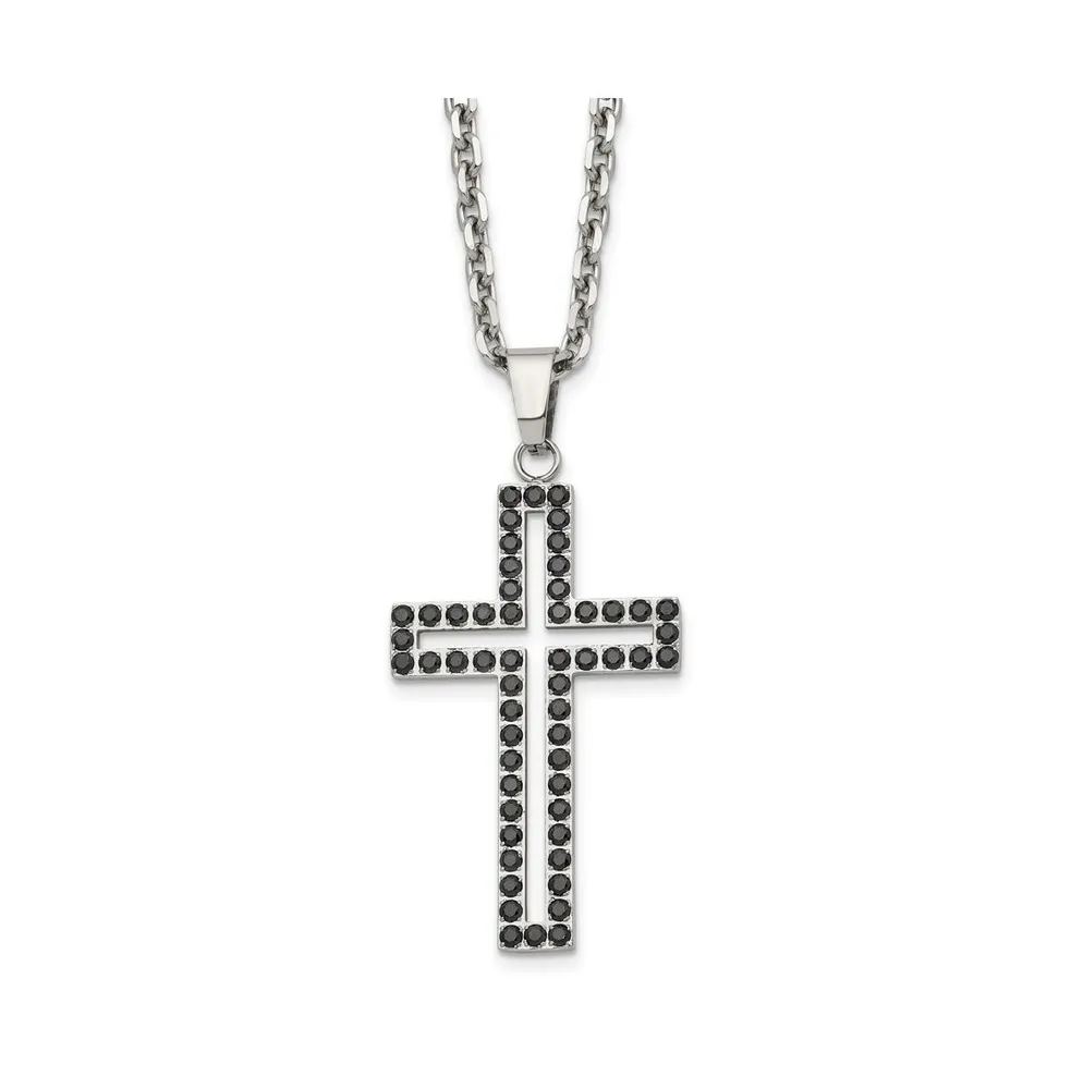 Chisel Polished Black Cz Cutout Cross Pendant Cable Chain Necklace